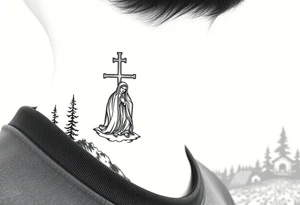 russian design traditional christian orthodox cross with a virgin mary stood beside the entrance of a russian orthodox dome church on the side of the neck in a wilderness setting tattoo idea