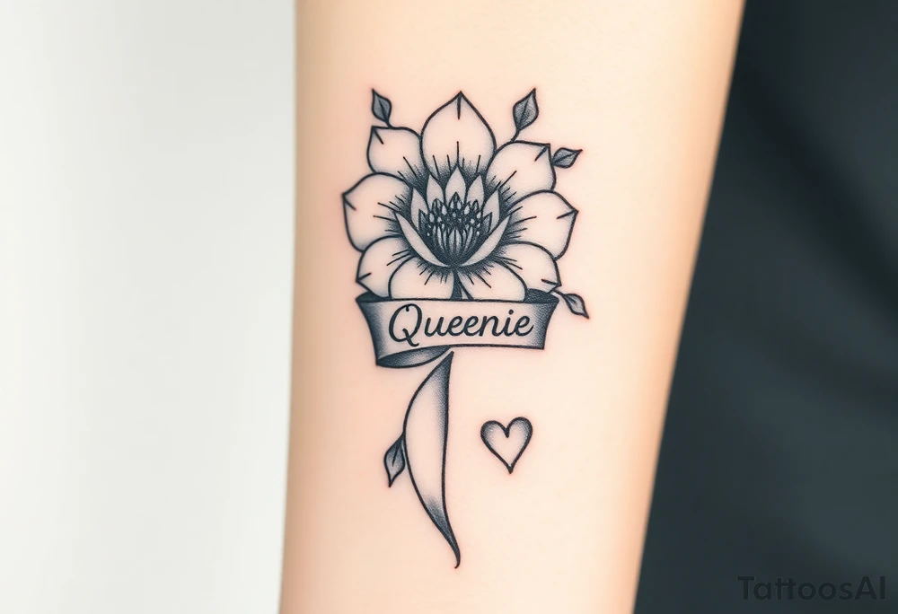 A beautiful flower with a card queen sign and a ribbon tied around the flower with queenie and a small heart tattoo idea