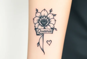A beautiful flower with a card queen sign and a ribbon tied around the flower with queenie and a small heart tattoo idea