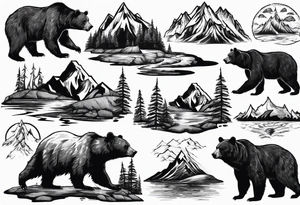Bear with mountains, forest, rivers etc inside of it tattoo idea
