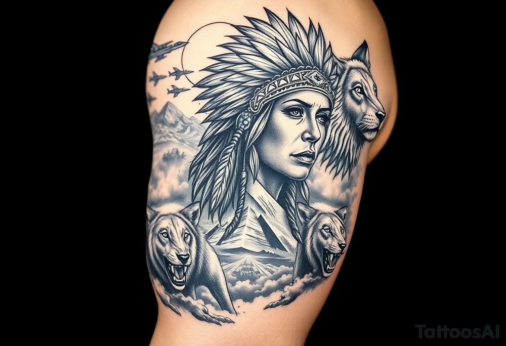 A native indian woman with surrounded by Wolves & Lions behind a Pyramids & mountain with the sun overhead & jets flying in the air & smoke surrounding everything tattoo idea