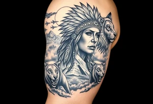 A native indian woman with surrounded by Wolves & Lions behind a Pyramids & mountain with the sun overhead & jets flying in the air & smoke surrounding everything tattoo idea