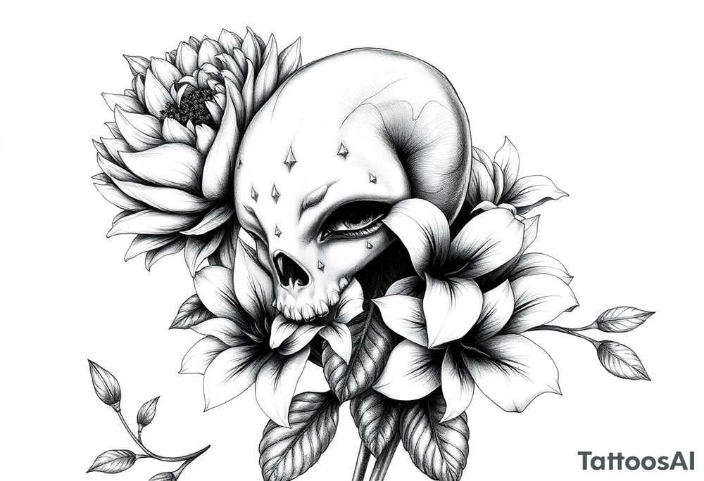 peonies and lilies with medusa head tattoo idea