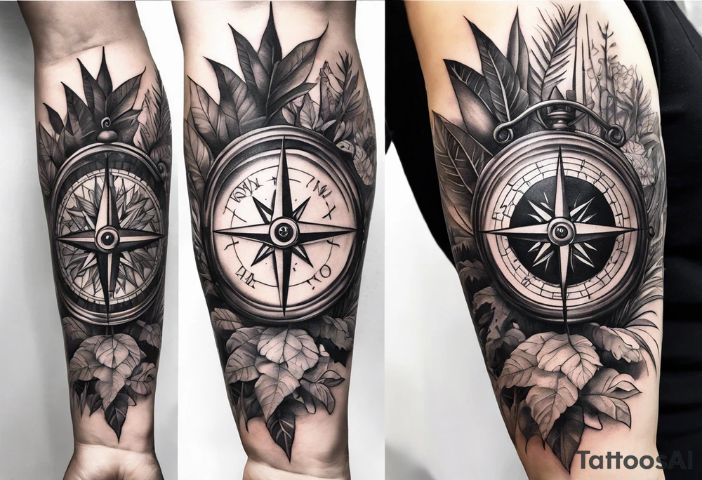 full sleeve tattoo, jungle plants, compass with eye inside compass tattoo idea