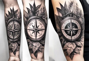 full sleeve tattoo, jungle plants, compass with eye inside compass tattoo idea