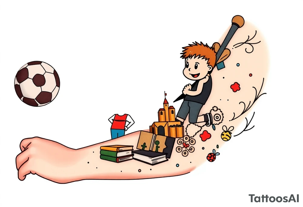 Collage of childhood memories including a football, a cricket bat, the comic character Dennis the Menace, a sandcastle and a small pile of books. tattoo idea