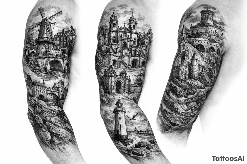 I wanted arm tattoo that reminds me of my three favourite places. I've lived the cities of Amsterdam and Braga and New Brighton in Wallasey tattoo idea