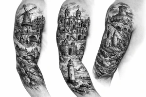 I wanted arm tattoo that reminds me of my three favourite places. I've lived the cities of Amsterdam and Braga and New Brighton in Wallasey tattoo idea