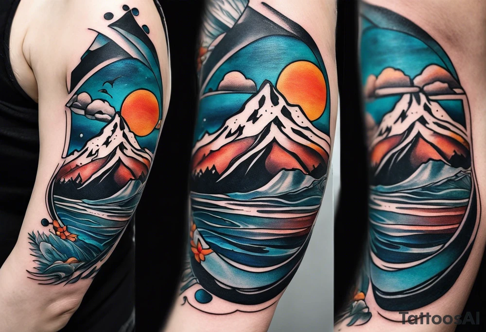 This is a tattoo that is split into 2 sections; a top half and a bottom half. The top half is a mountain in Norway with a mountain bike trail winding down the mountain. The bottom half of the tattoo depicts an underwater scene featuring water, and sea life. tattoo idea