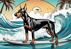 doberman smoking a cigar on a surfboard with a goat with larger horns tattoo idea