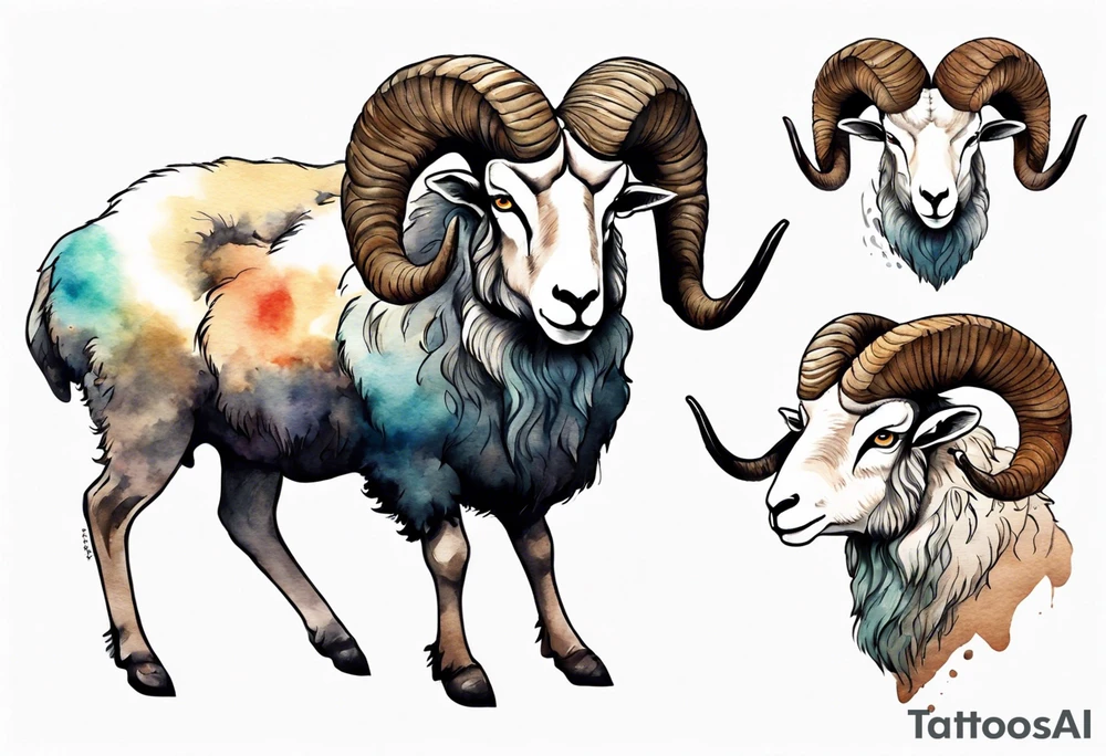 a large man with the head and feet of a big horned sheep tattoo idea