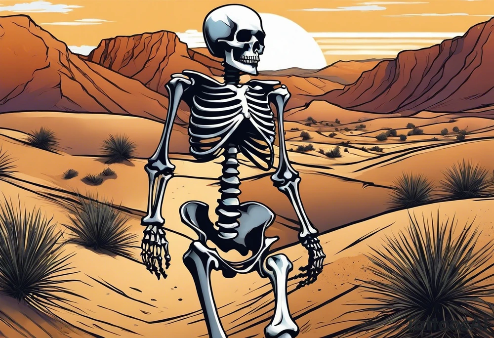 skeleton walking towards a cross in a desert tattoo idea