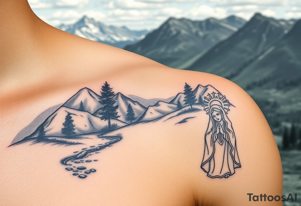 Mountainous valley with creek and a few trees with a Russian orthodox kazan scene covering my shoulder entering my upper arm with a Russian orthodox Virgin Mary tattoo idea