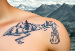 Mountainous valley with creek and a few trees with a Russian orthodox kazan scene covering my shoulder entering my upper arm with a Russian orthodox Virgin Mary tattoo idea