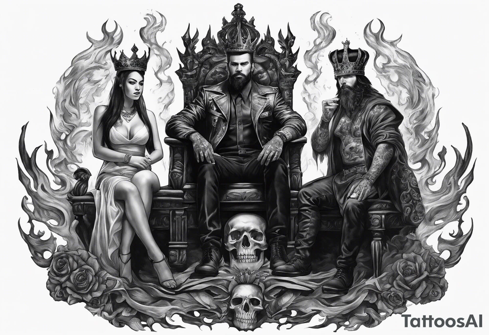 A man wearing a black crown and and a women on a throne in Hell sitting on skulls with flame above tattoo idea
