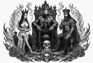 A man wearing a black crown and and a women on a throne in Hell sitting on skulls with flame above tattoo idea