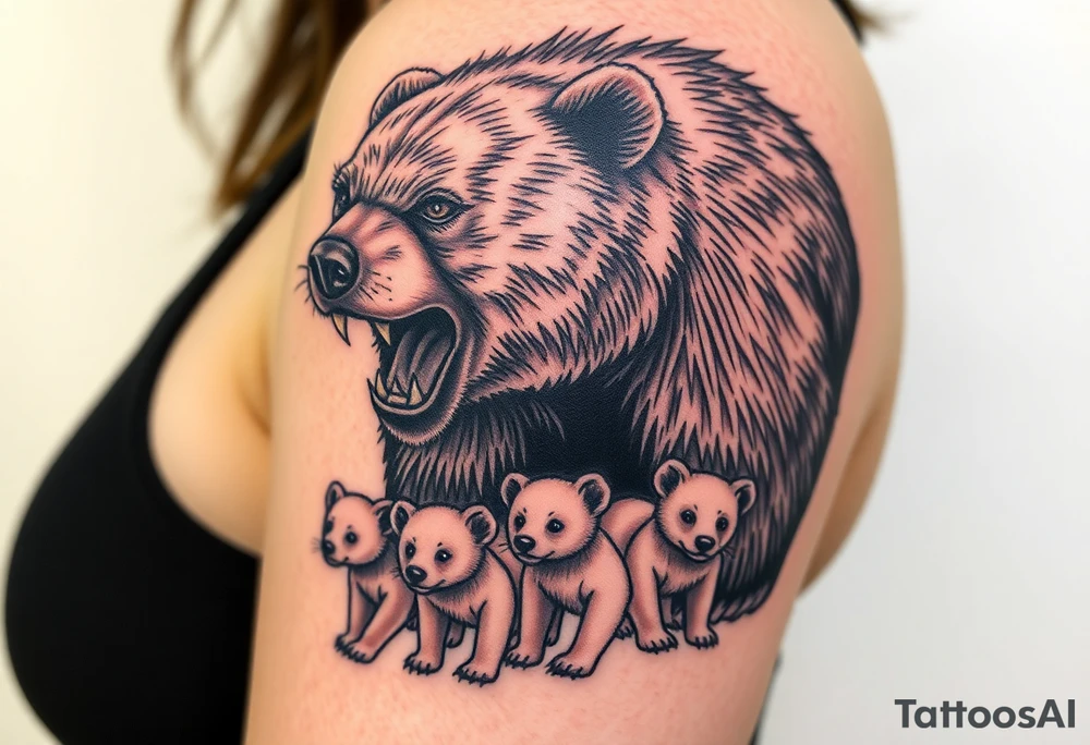 A detailed grizzly bear fiercely growling, as if the face was coming out of the shoulder facing outward with detailed brown eyes standing over 4 cubs,  3 girls and a boy. Make one arm swiping with claw marks tattoo idea