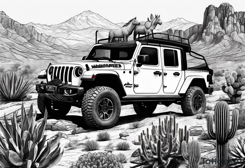 A dessert mountain with a jeep gladiator beside a cactus and a donkey tattoo idea