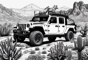 A dessert mountain with a jeep gladiator beside a cactus and a donkey tattoo idea