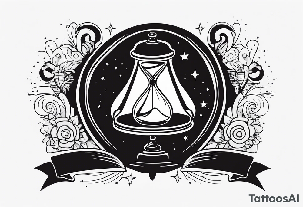 I want a tattoo-inspired design for a t-shirt that features a bold and detailed hourglass with galaxy tattoo idea