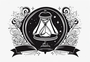 I want a tattoo-inspired design for a t-shirt that features a bold and detailed hourglass with galaxy tattoo idea