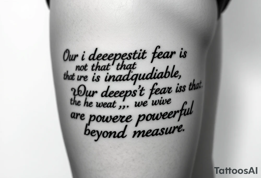 the quote is “ Our deepest fear is not that we are inadequate, Our deepest fear is that we are powerful beyond measure” intertwined with meaningful basketball jerseys or events tattoo idea