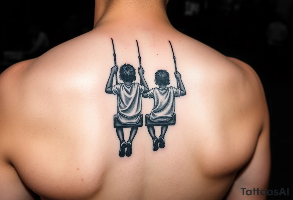 2 black boys swinging on swings at a park while the sun is setting realistic tattoo idea