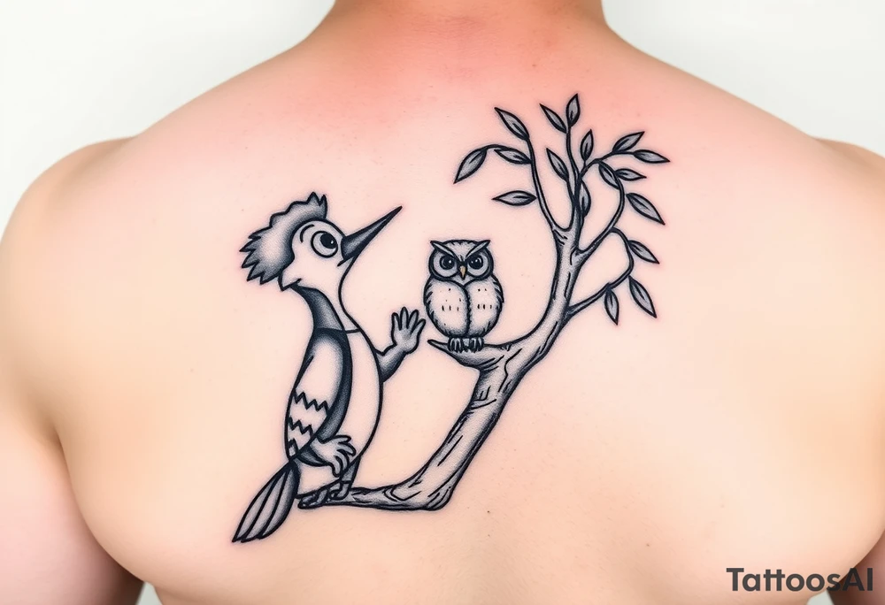 Woody the woodpecker cartoon character gazing in love at a owl in a willow tree tattoo idea