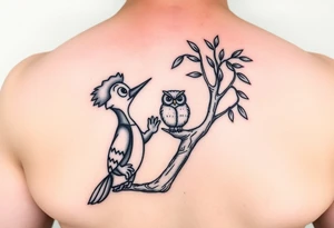 Woody the woodpecker cartoon character gazing in love at a owl in a willow tree tattoo idea
