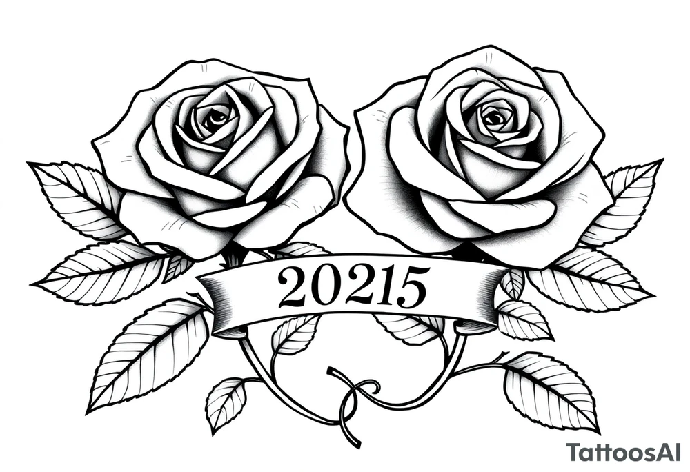 two beautiful large rose buds, one larger than the other, with many leaves next to the rose buds, with one sitting higher than the other. Include a banner connecting the two roses with the year "2025" on it.   Use dark outlines with little shading. The two stems should be short, not long, and connect and join into one stem, whimsically curved or twisted - not straight down. tattoo idea