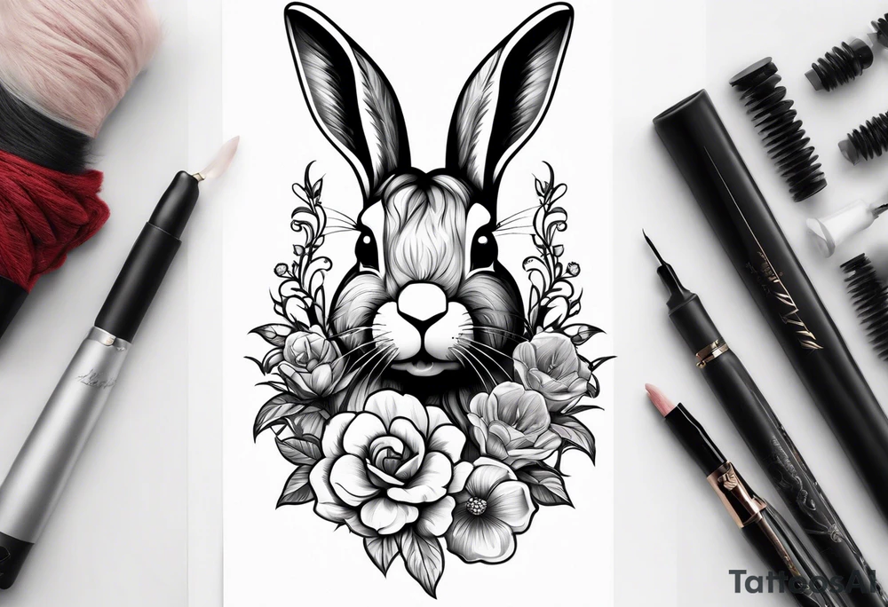 Realistic rabbit head and flowers tattoo idea