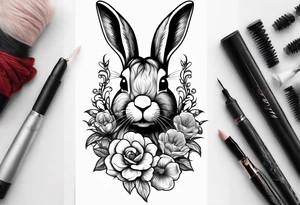 Realistic rabbit head and flowers tattoo idea