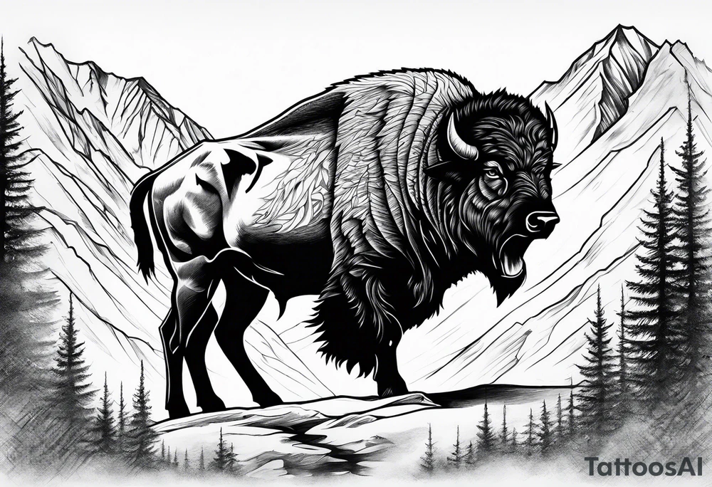 mountains cowboy bison wolf tattoo idea