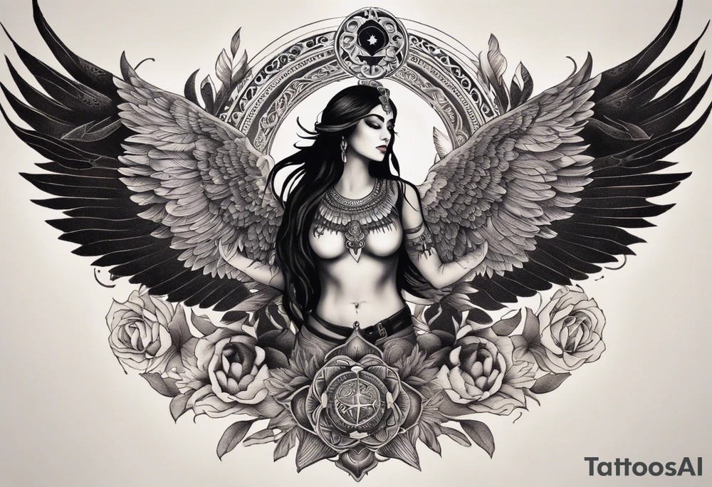 black kali, goddess pirate, alien, angel, pachamama, valkrye, warrior, flying, skull, lotus azul, wing, eagle, zenza resonance, stars, 5D, anahata chakra, death, durga, riding on a tiger, flying lady, kundalini, chest tatoo tattoo idea