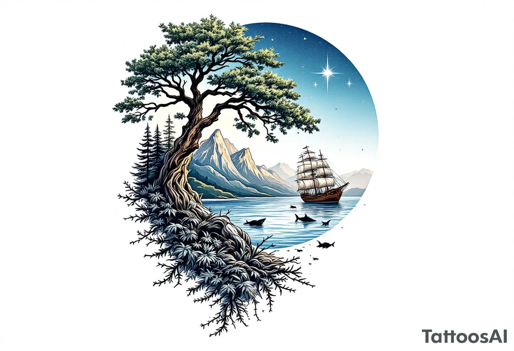 tattoo that has an acacia tree with forest mountains, ocean with a ship wreck with sharks and the bright northern star tattoo idea