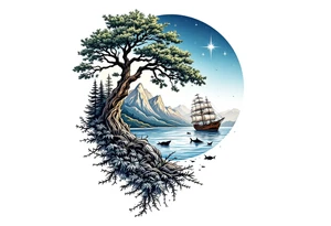 tattoo that has an acacia tree with forest mountains, ocean with a ship wreck with sharks and the bright northern star tattoo idea