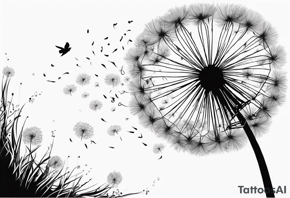 Blowing dandelion flying away , quote I want adventure in the great wide somewhere tattoo idea