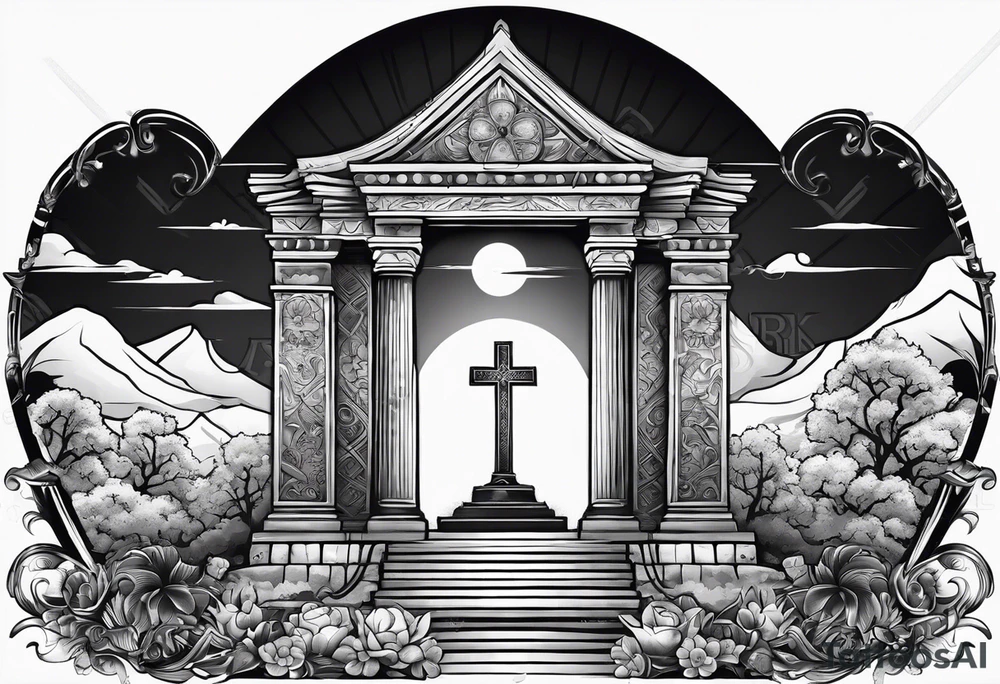 Tomb with cross and sun in the background tattoo idea