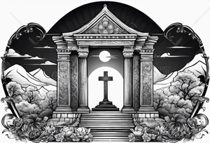 Tomb with cross and sun in the background tattoo idea
