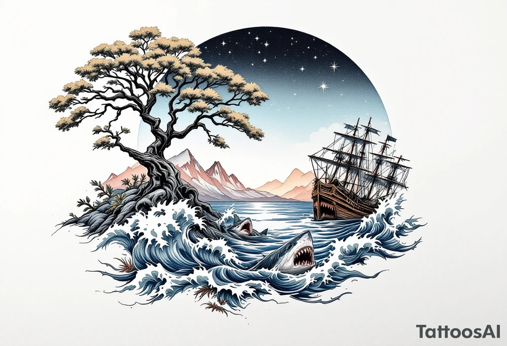 tattoo that has an acacia tree with mountains, ocean with a ship wreck with sharks and the northern star tattoo idea
