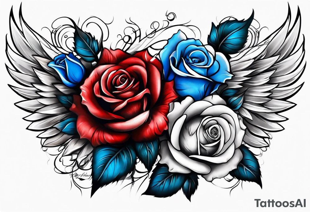 Angel Colored blue and red roses tattoo idea