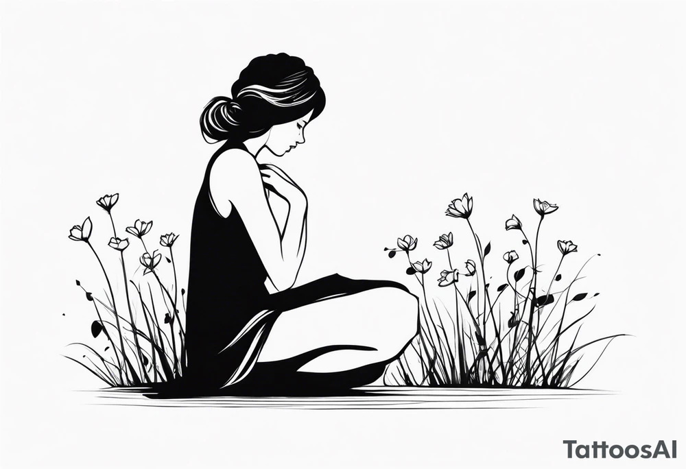silhouette of a girl with a bloomed flower head, kneeling tattoo idea