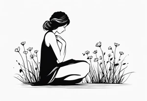 silhouette of a girl with a bloomed flower head, kneeling tattoo idea