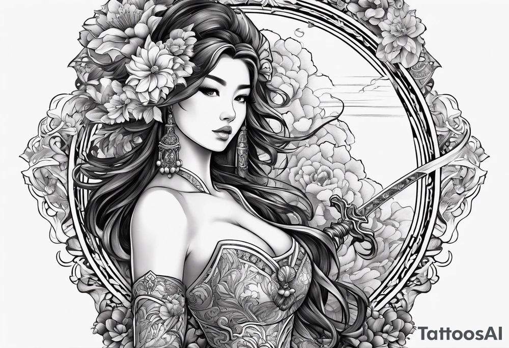 ornate beautiful woman warrior with weapon & floral arch background tattoo from head to torso tattoo idea