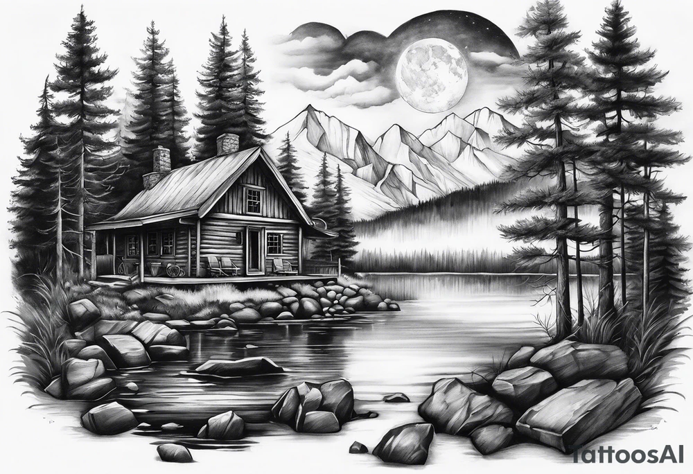 I want a forearm sleeve tattoo that has a cabin in a firepit in it. It needs to be darker towards the top tattoo idea