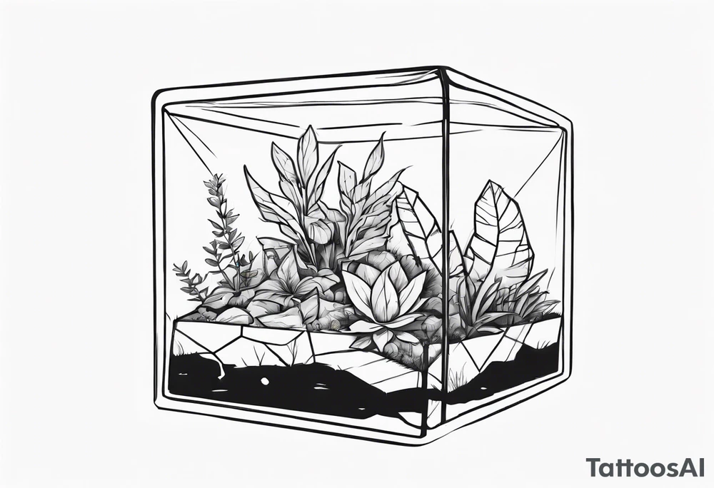 A terrarium in the shape of a cuboid with a single plant inside it. tattoo idea