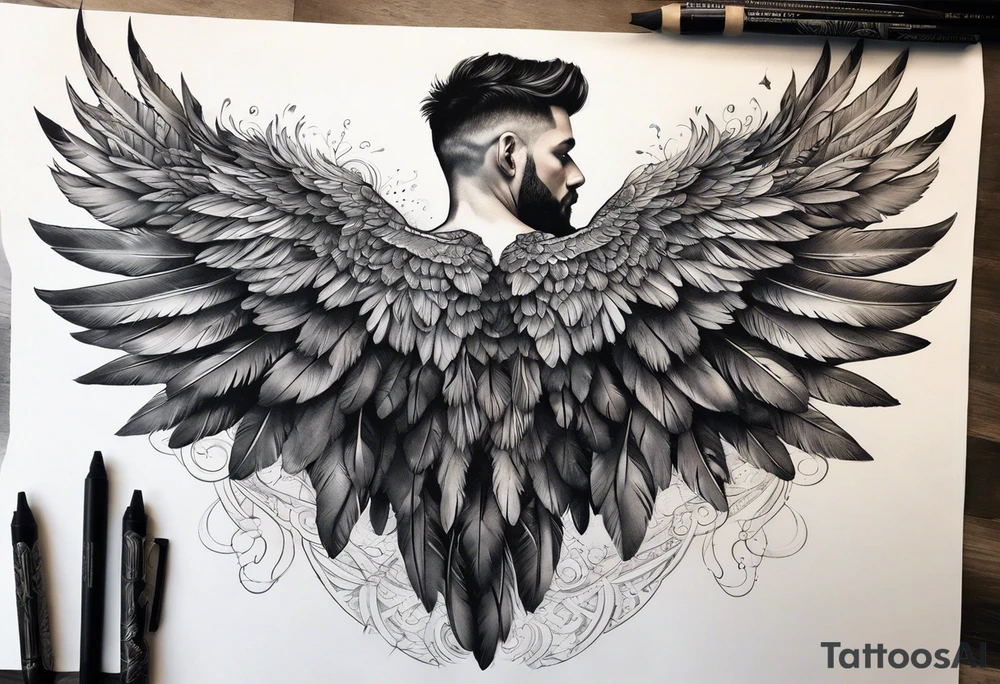 wings extending from a mens shoulders, covering the upper arms and upper back. The feathers are intricately detailed, with soft shading in black and gray to create depth and texture. tattoo idea
