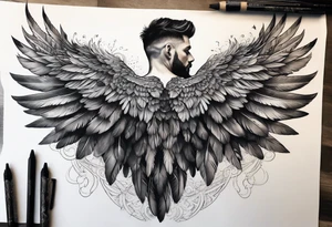 wings extending from a mens shoulders, covering the upper arms and upper back. The feathers are intricately detailed, with soft shading in black and gray to create depth and texture. tattoo idea