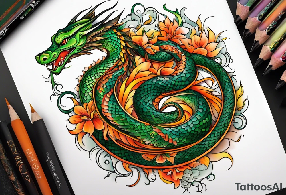 Snake dragon green orange tattoo idea