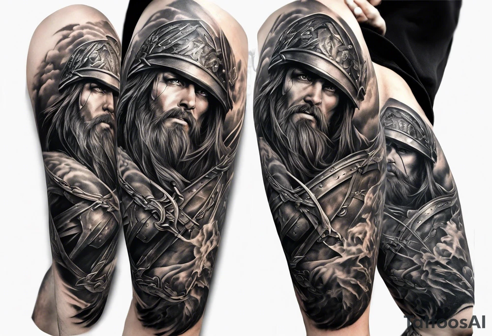 Full Leg sleeve of the battle of 300 tattoo idea